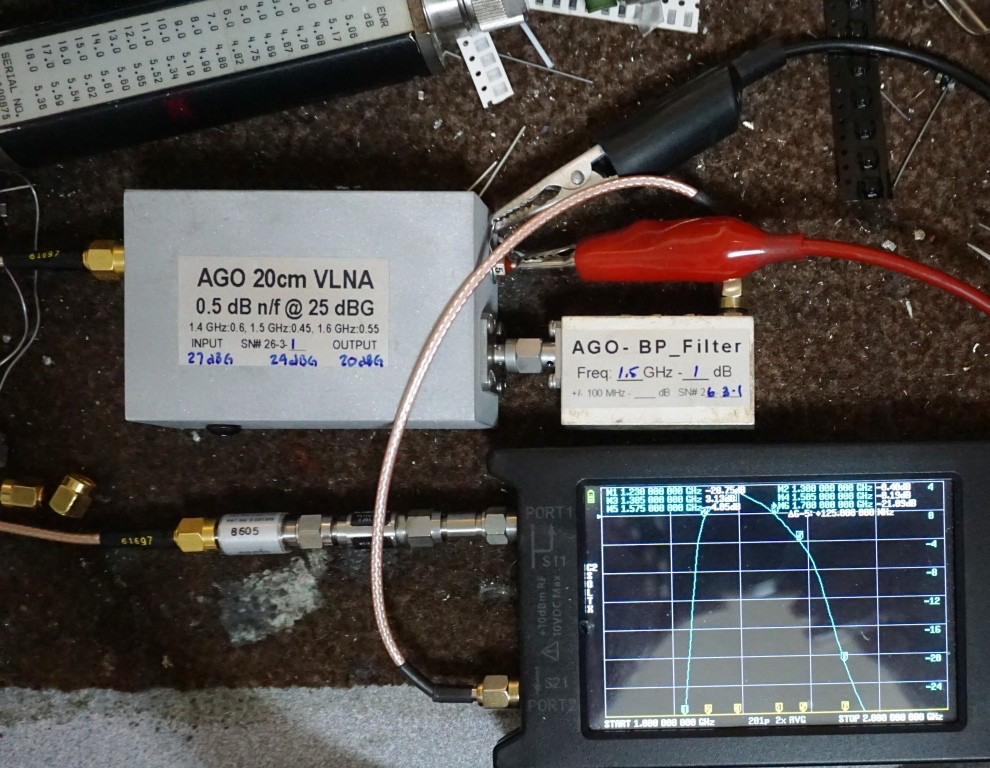 Photo of the AGO 20cm VLNA unit and BP filter on the test bench